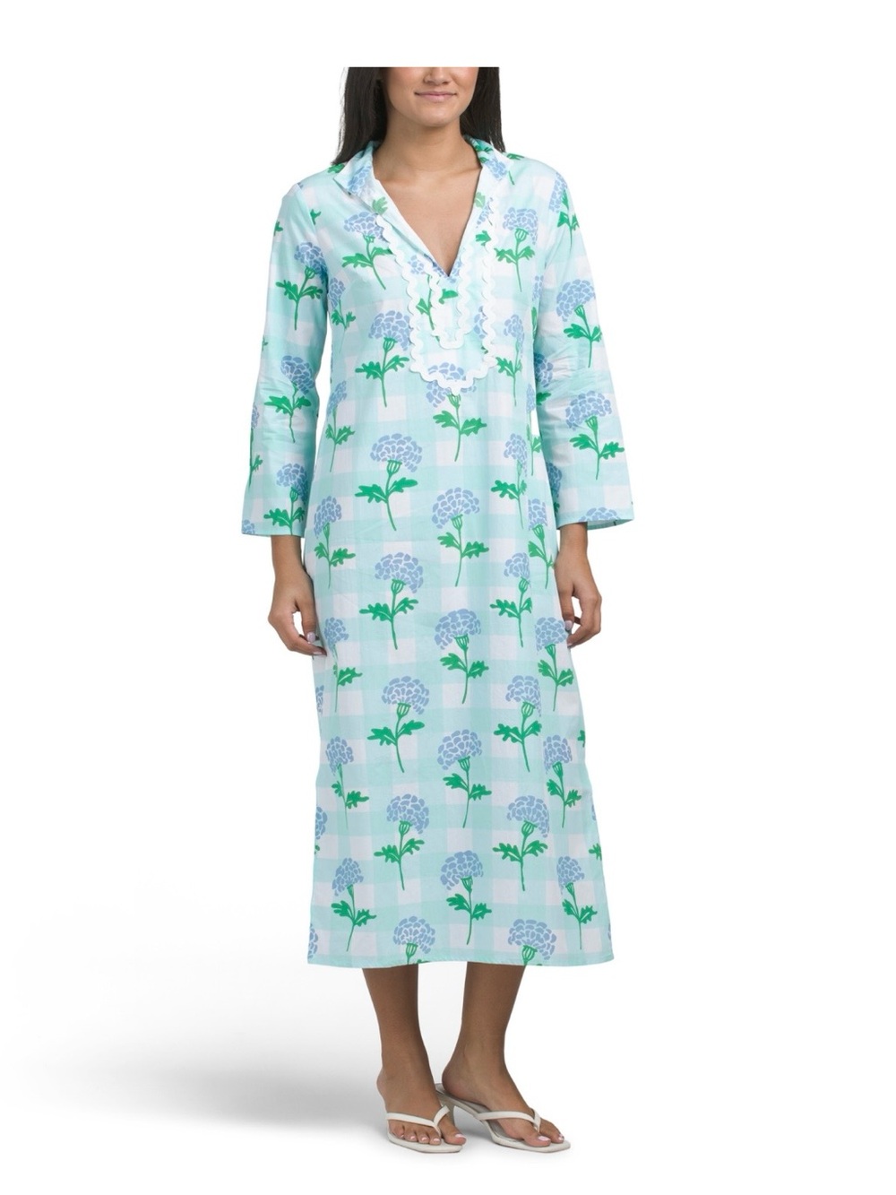 Sail to Sable NWOT 💯 cotton gingham with periwinkle/lavender floral print caftan